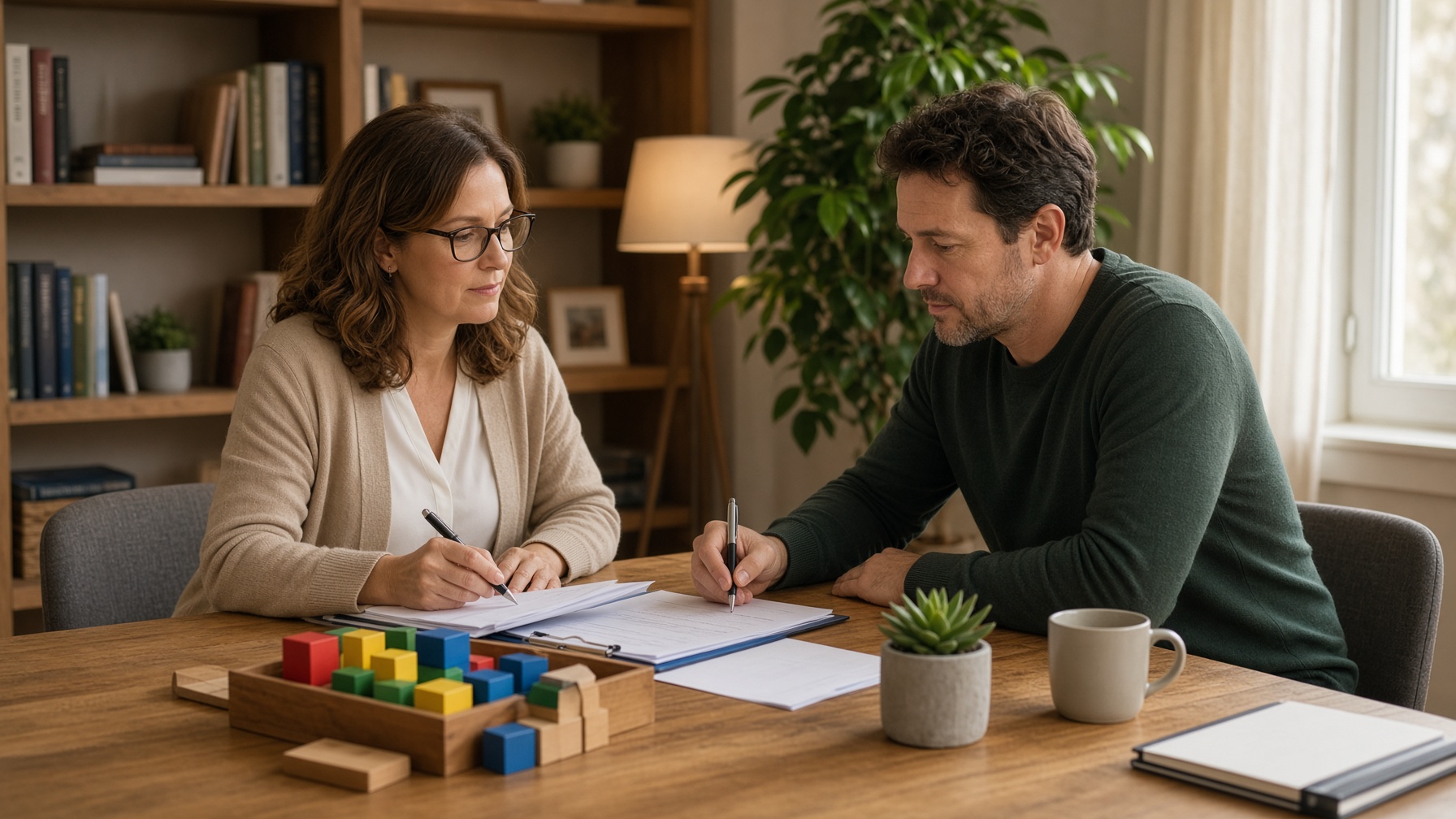 A psychologist and a patient completing ADHD testing materials